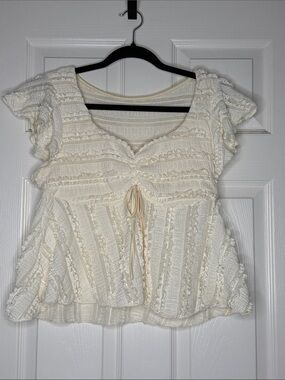 Cream Textured Bow Front Cottage Core baby doll Feminine Lace Fairy Women’s Top